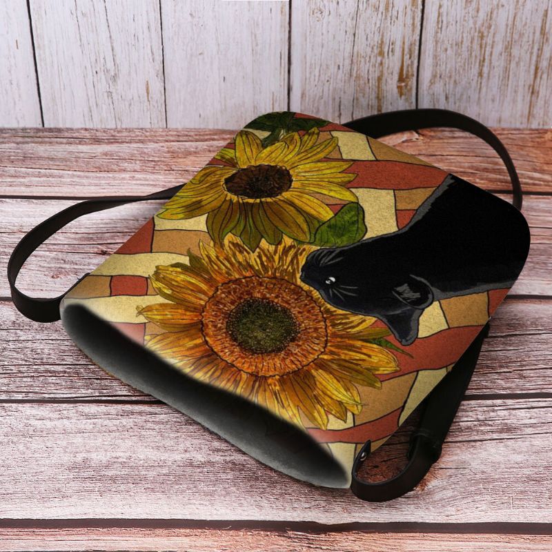 Mujeres Felt Cat And Sunflowers Pattern Printing Country Style Bolso Bandolera Bolso Bandolera