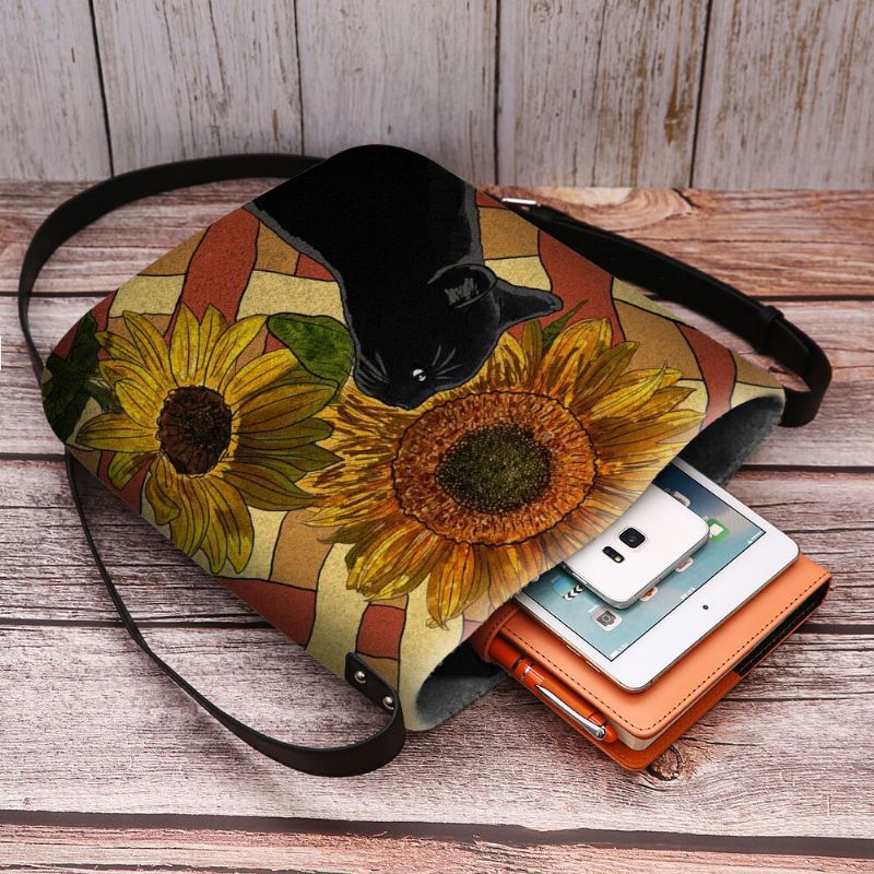 Mujeres Felt Cat And Sunflowers Pattern Printing Country Style Bolso Bandolera Bolso Bandolera