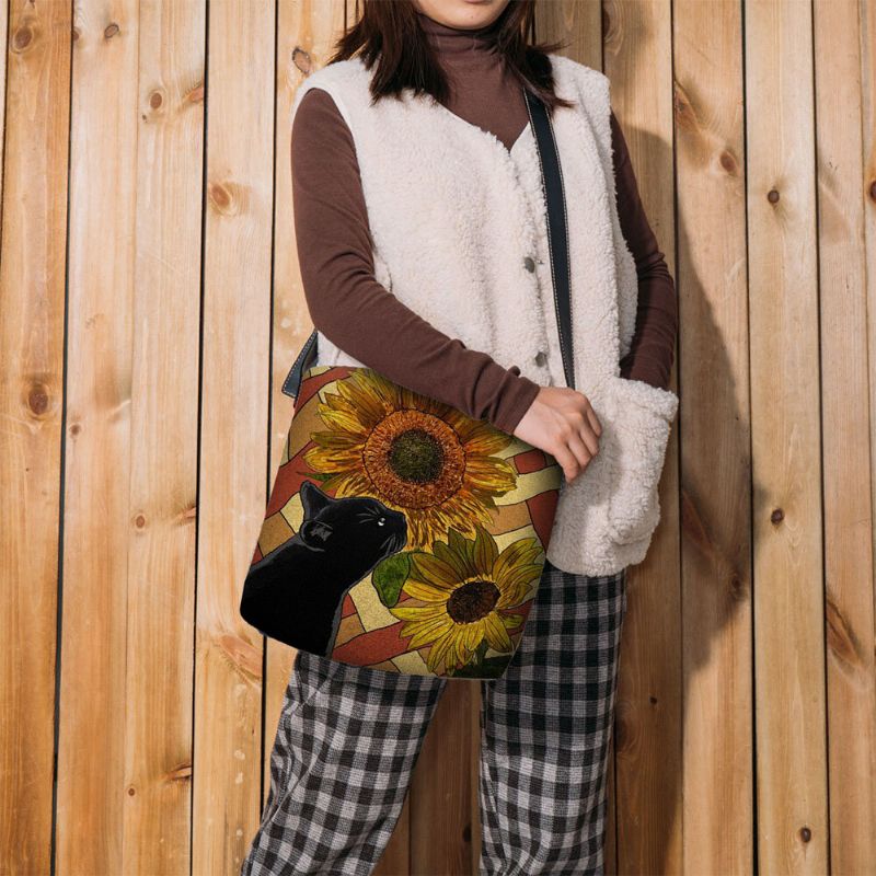 Mujeres Felt Cat And Sunflowers Pattern Printing Country Style Bolso Bandolera Bolso Bandolera