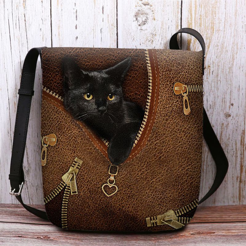 Mujeres Fieltro Casual Lindo 3d Dibujos Animados Negro Gato Patrón De Impresión Bolso Bandolera Bolso Bandolera