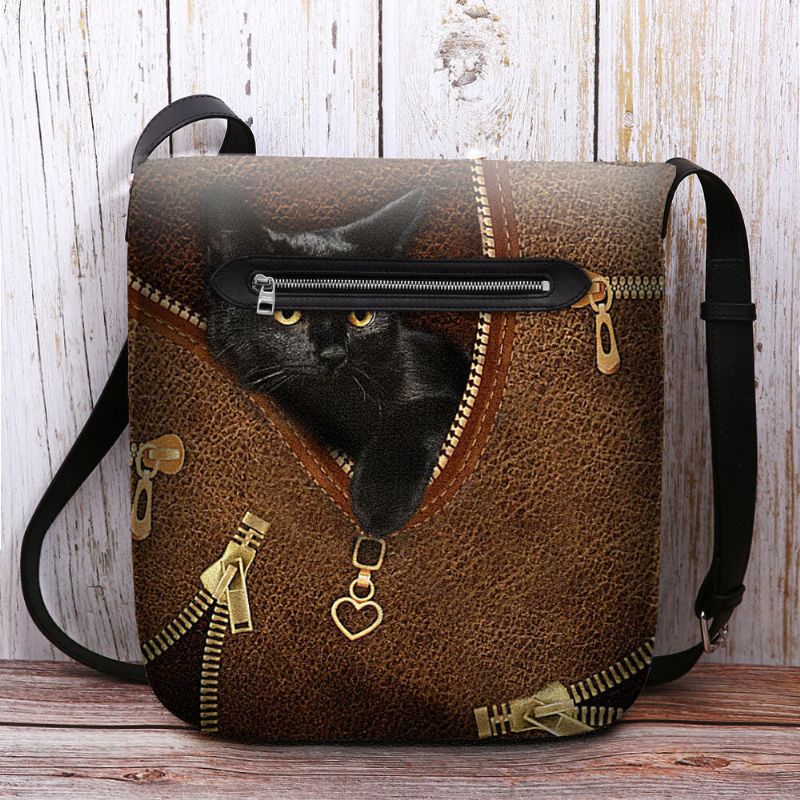 Mujeres Fieltro Casual Lindo 3d Dibujos Animados Negro Gato Patrón De Impresión Bolso Bandolera Bolso Bandolera