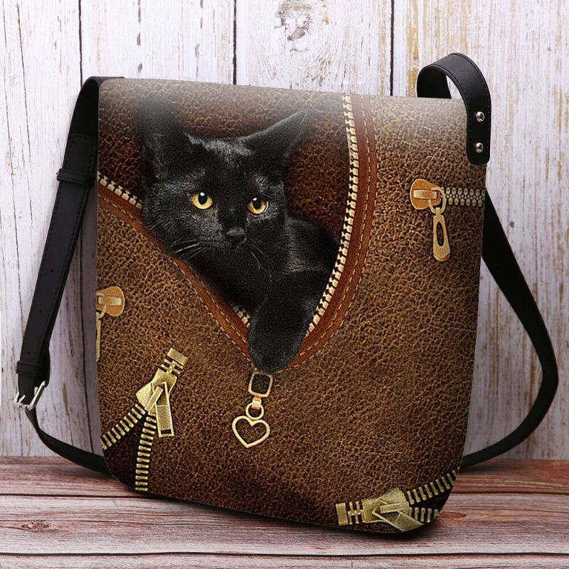 Mujeres Fieltro Casual Lindo 3d Dibujos Animados Negro Gato Patrón De Impresión Bolso Bandolera Bolso Bandolera