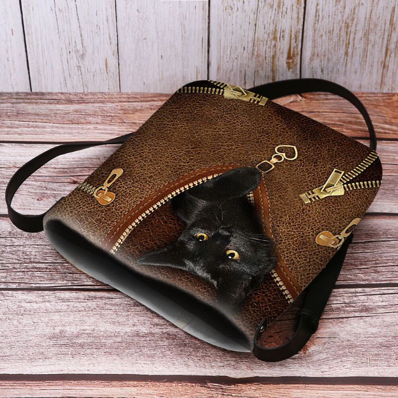 Mujeres Fieltro Casual Lindo 3d Dibujos Animados Negro Gato Patrón De Impresión Bolso Bandolera Bolso Bandolera