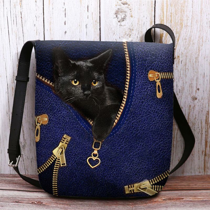 Mujeres Fieltro Casual Lindo 3d Dibujos Animados Negro Gato Patrón De Impresión Bolso Bandolera Bolso Bandolera