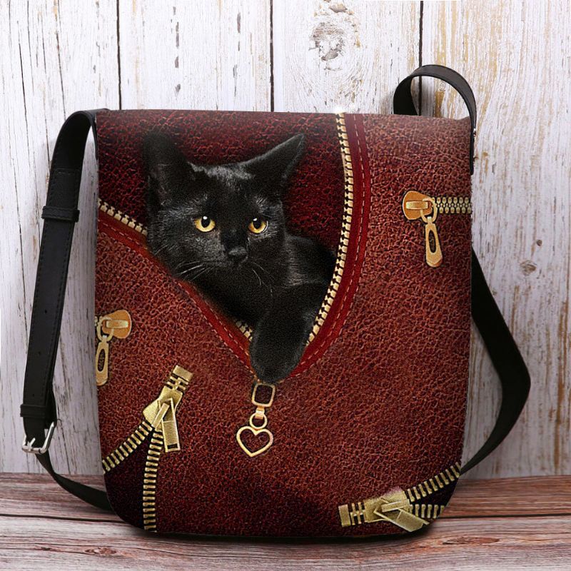 Mujeres Fieltro Casual Lindo 3d Dibujos Animados Negro Gato Patrón De Impresión Bolso Bandolera Bolso Bandolera