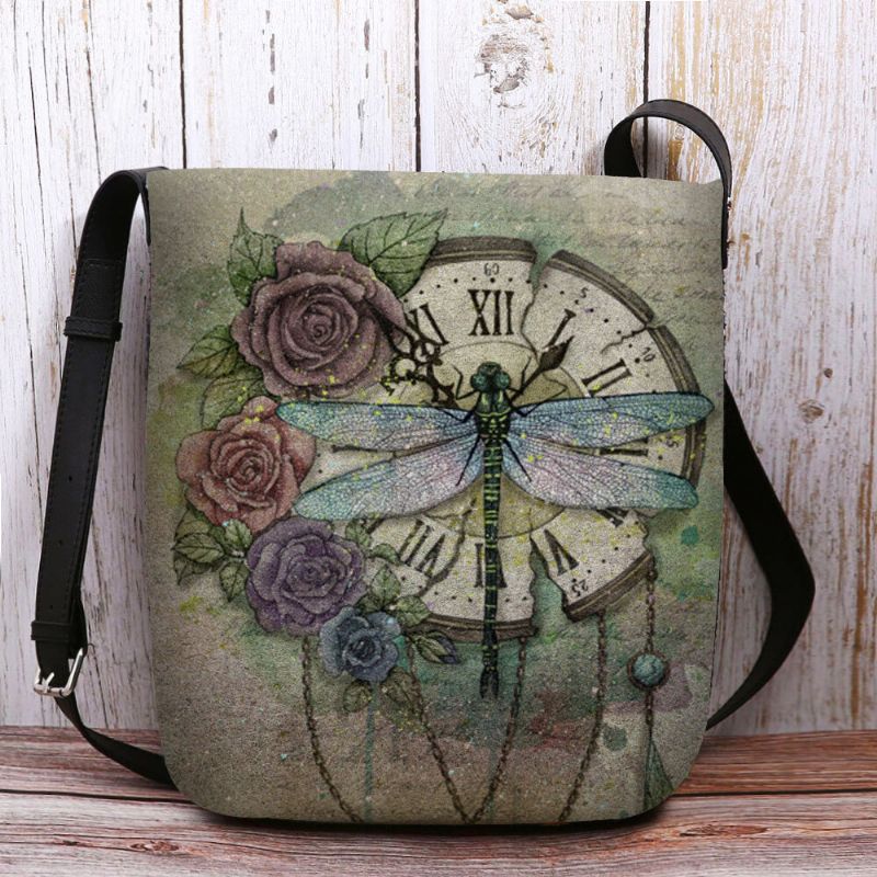 Mujeres Fieltro Casual Vintage 3d Libélula Patrón De Impresión De Flores Bolso Bandolera Bolso Bandolera