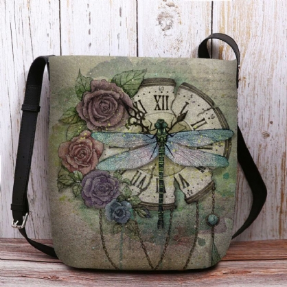 Mujeres Fieltro Casual Vintage 3d Libélula Patrón De Impresión De Flores Bolso Bandolera Bolso Bandolera