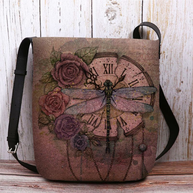 Mujeres Fieltro Casual Vintage 3d Libélula Patrón De Impresión De Flores Bolso Bandolera Bolso Bandolera