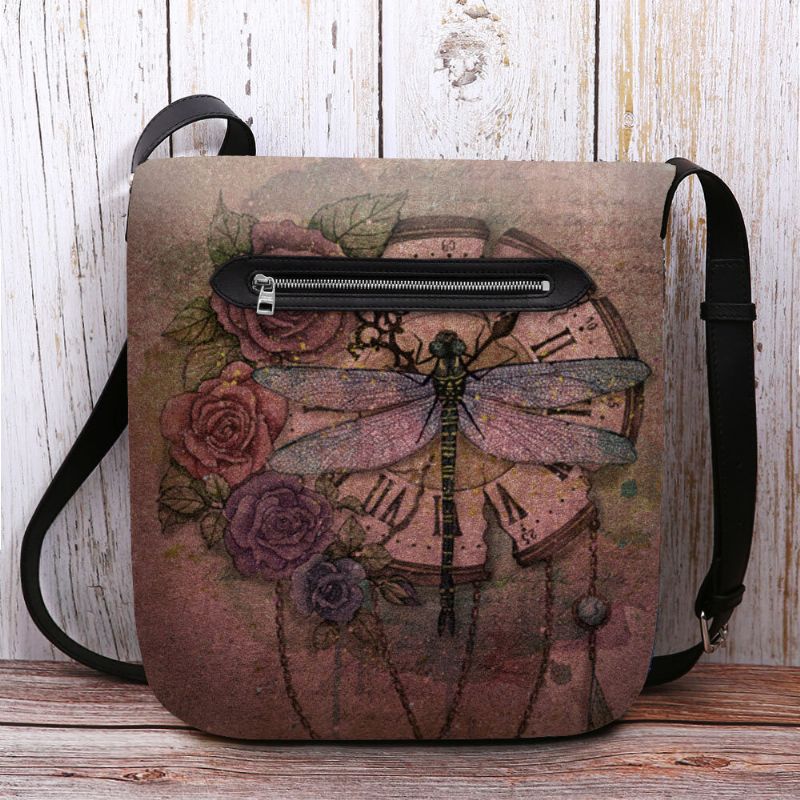 Mujeres Fieltro Casual Vintage 3d Libélula Patrón De Impresión De Flores Bolso Bandolera Bolso Bandolera