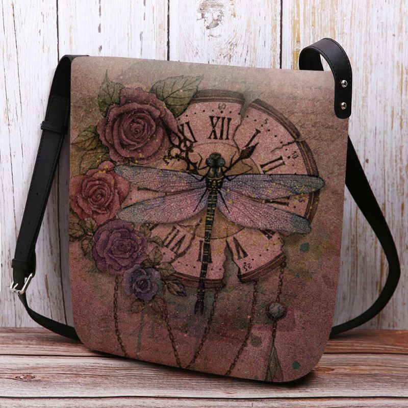 Mujeres Fieltro Casual Vintage 3d Libélula Patrón De Impresión De Flores Bolso Bandolera Bolso Bandolera