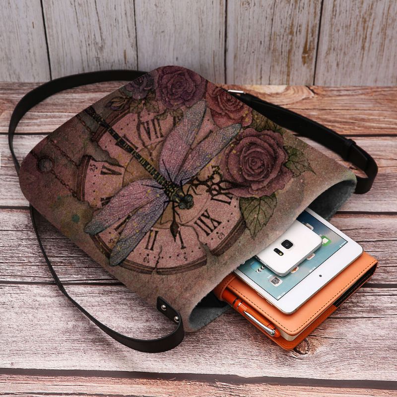 Mujeres Fieltro Casual Vintage 3d Libélula Patrón De Impresión De Flores Bolso Bandolera Bolso Bandolera