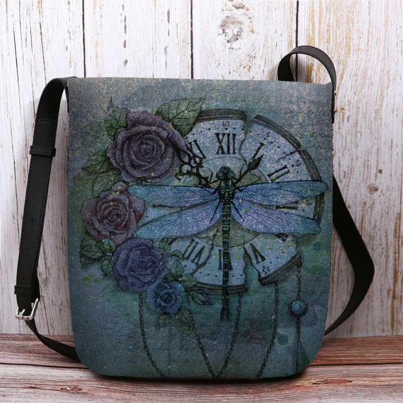 Mujeres Fieltro Casual Vintage 3d Libélula Patrón De Impresión De Flores Bolso Bandolera Bolso Bandolera