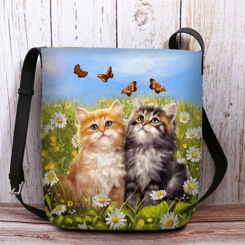 Mujeres Fieltro Estilo Rural Gatos De Dibujos Animados Imprimir Personalidad Bolso Bandolera Bolso Bandolera