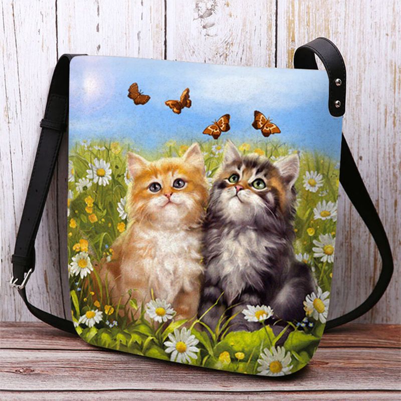 Mujeres Fieltro Estilo Rural Gatos De Dibujos Animados Imprimir Personalidad Bolso Bandolera Bolso Bandolera