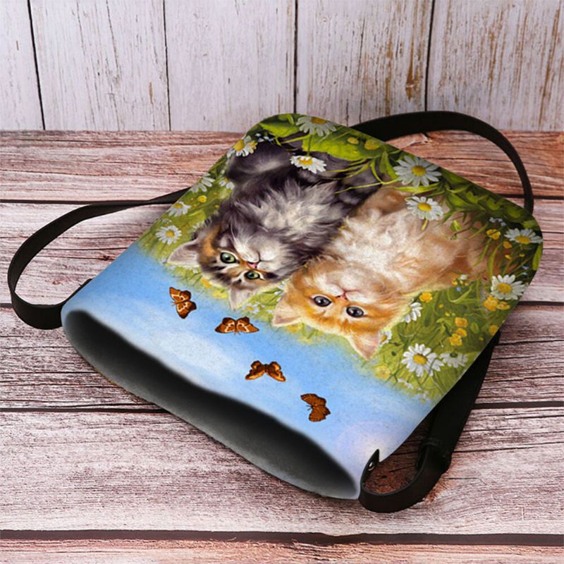 Mujeres Fieltro Estilo Rural Gatos De Dibujos Animados Imprimir Personalidad Bolso Bandolera Bolso Bandolera