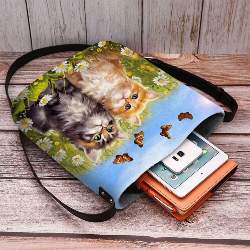 Mujeres Fieltro Estilo Rural Gatos De Dibujos Animados Imprimir Personalidad Bolso Bandolera Bolso Bandolera