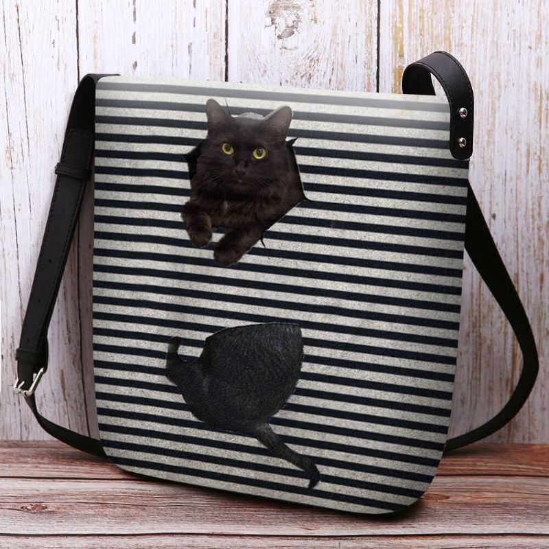 Mujeres Fieltro Lindo Casual 3d Dibujos Animados Gato Rayas Patrón Bandolera Bolso Bandolera