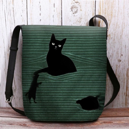 Mujeres Fieltro Lindo Casual Dibujos Animados Gato Negro Atrapado Ratón Y Patrón De Rayas Bandolera Bolso Bandolera