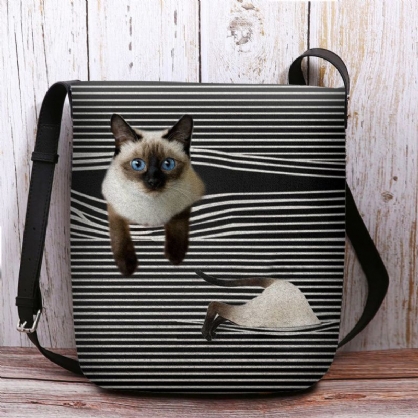 Mujeres Fieltro Lindo Gato De Dibujos Animados Patrón De Rayas Multi-carry Crossbody Bag Bandolera