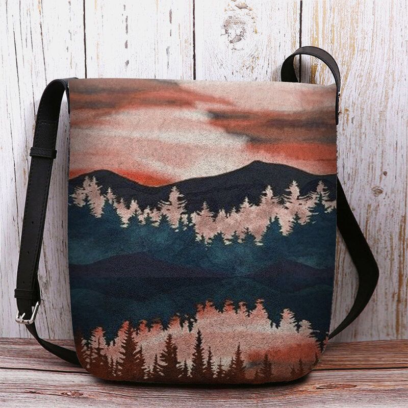 Mujeres Fieltro Montaña Patrón Estampado De Árboles Casual Bolso Bandolera Al Aire Libre Bolso Bandolera