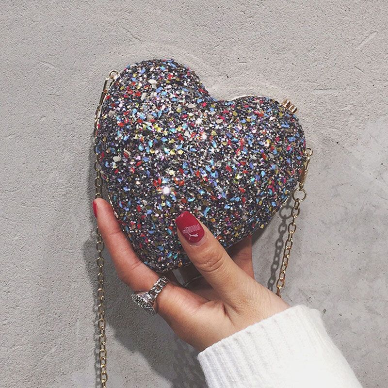 Mujeres Pu Cuero Con Lentejuelas Decoración En Forma De Corazón Mini Bolso De Hombro Con Cadena Bolsos Cruzados