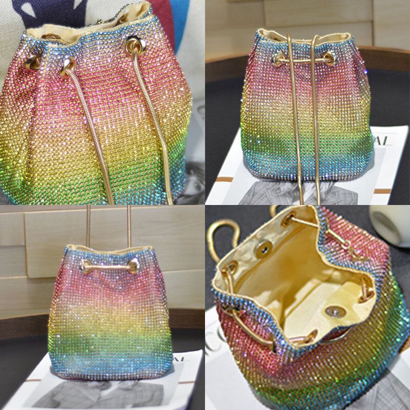 Mujeres Rhinestone Arco Iris Contraste Color Personalidad Cadena Única Bolso De Cubo Bolso De Hombro Bolso Cruzado