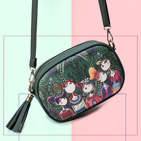 Mujeres Spring Forest Printing Pu Crossbody Bag Tassel Phone Bag