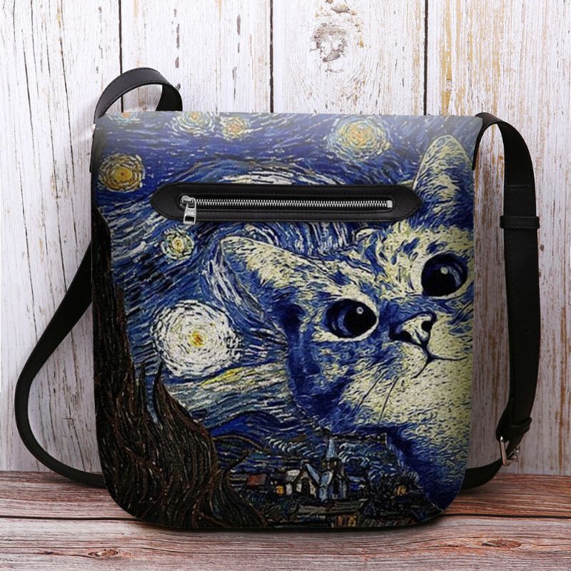 Patrón De Gato De Dibujos Animados Informal Lindo De Fieltro De Mujer Con Pinturas De Galaxias De La Noche Estrellada Bolso Bandolera