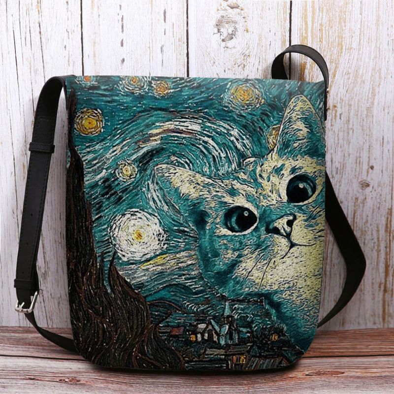 Patrón De Gato De Dibujos Animados Informal Lindo De Fieltro De Mujer Con Pinturas De Galaxias De La Noche Estrellada Bolso Bandolera