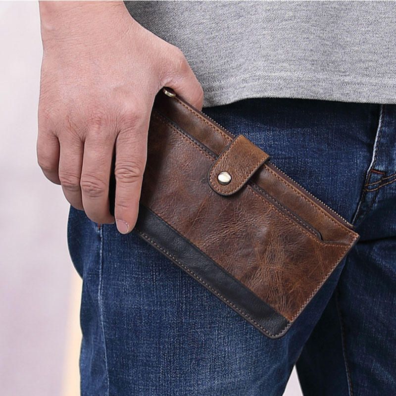 Bolso Largo Para Teléfono De Negocios Vintage De Cuero Genuino Para Hombre Bolso De Mano Con Billetera Fina