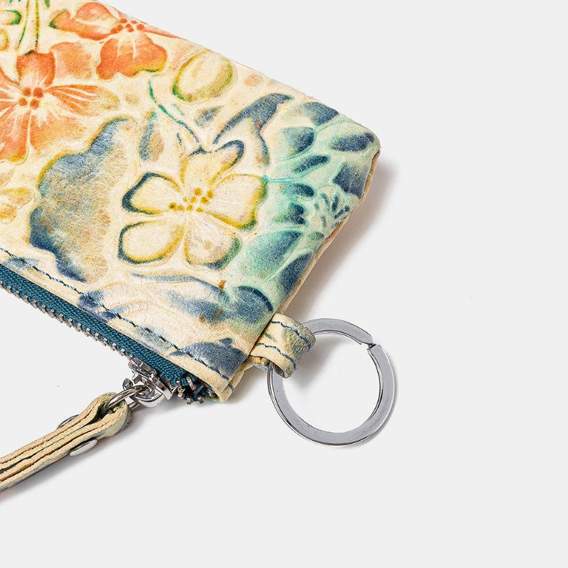 Bolso De Monedas Floral De Cuero Genuino Para Mujer Bolso Para Llaves