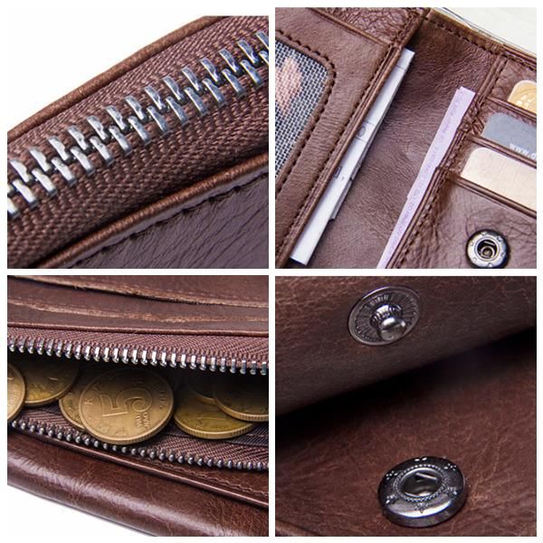 Bolso De Monedas Multifuncional De Gran Capacidad De Cuero Genuino Para Hombre 10 Ranuras Para Tarjetas Billetera Triple