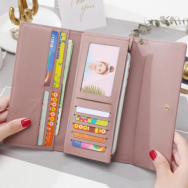 Bolso De Teléfono De Moda Para Mujer Cuero Artificial Cartera Larga Multifuncional 9 Ranuras Para Tarjetas Bolso De Mano