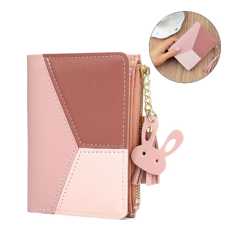 Borlas Cuero De Pu Multi-ranuras Bolsa De Dinero Corta Tarjetero Delgado Monedero Cartera Para Mujeres Y Damas Con Borlas De Metal En Forma De Corazón Colgante Regalo Bifold Clutch