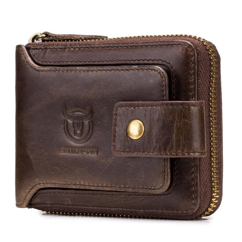 Bullcaptain Rfid Antimagnético Vintage Cuero Genuino 11 Ranuras Para Tarjetas Monedero Cartera Con Cremallera Para Hombres