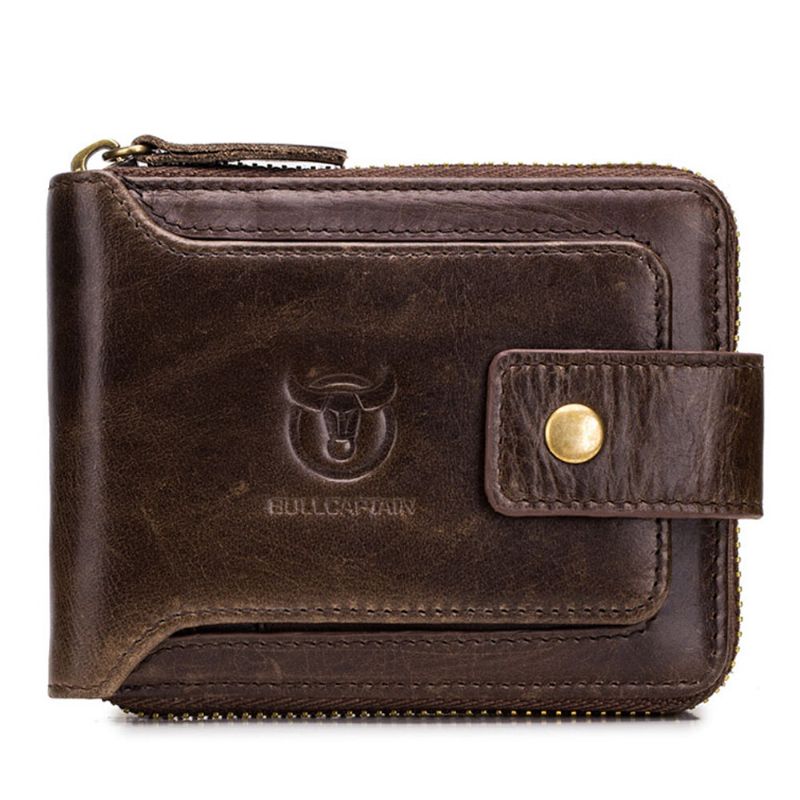 Bullcaptain Rfid Antimagnético Vintage Cuero Genuino 11 Ranuras Para Tarjetas Monedero Cartera Con Cremallera Para Hombres