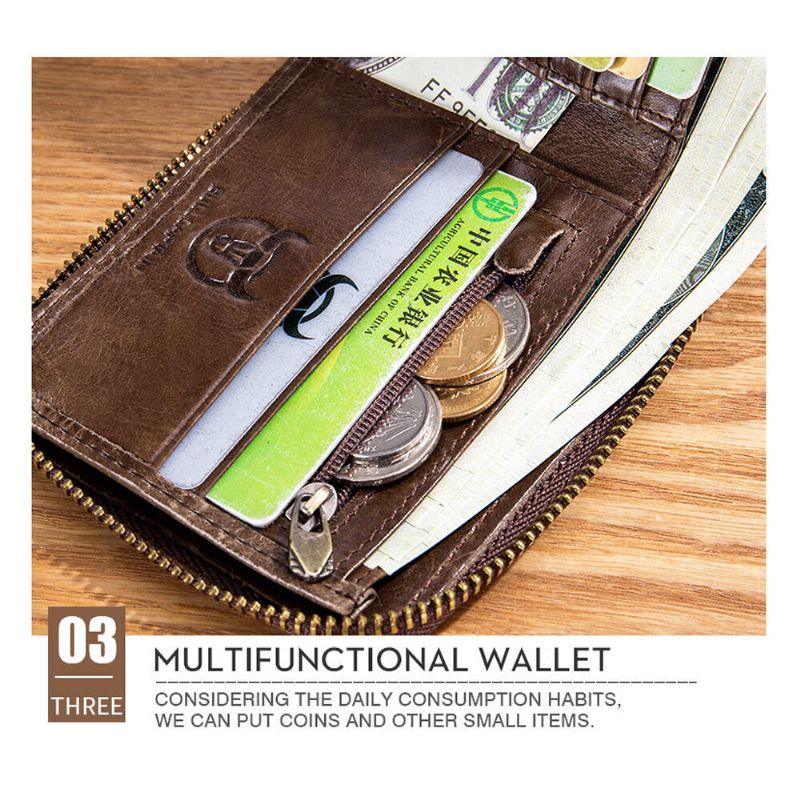 Bullcaptain Rfid Antimagnético Vintage Cuero Genuino 11 Ranuras Para Tarjetas Monedero Cartera Con Cremallera Para Hombres