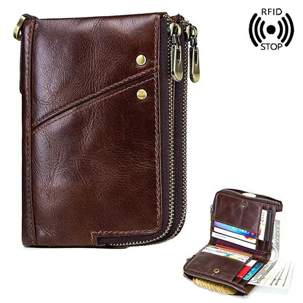 Cartera Antimagnética Rfid Para Hombre Cuero Genuino 12 Ranuras Para Tarjetas Bolso De Monedas Con Cremallera Doble Vintage