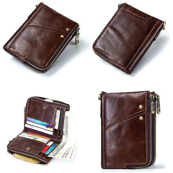 Cartera Antimagnética Rfid Para Hombre Cuero Genuino 12 Ranuras Para Tarjetas Bolso De Monedas Con Cremallera Doble Vintage