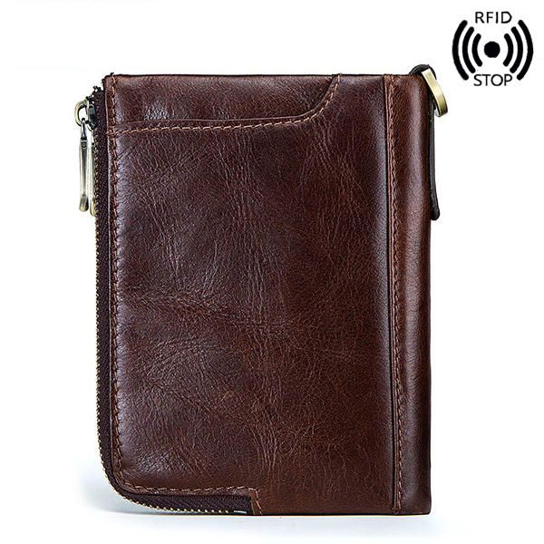 Cartera Antimagnética Rfid Para Hombre Cuero Genuino 12 Ranuras Para Tarjetas Bolso De Monedas Con Cremallera Doble Vintage