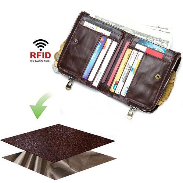 Cartera Antimagnética Rfid Para Hombre Cuero Genuino 12 Ranuras Para Tarjetas Bolso De Monedas Con Cremallera Doble Vintage