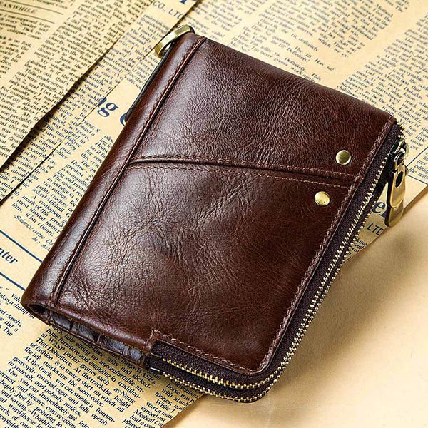 Cartera Antimagnética Rfid Para Hombre Cuero Genuino 12 Ranuras Para Tarjetas Bolso De Monedas Con Cremallera Doble Vintage