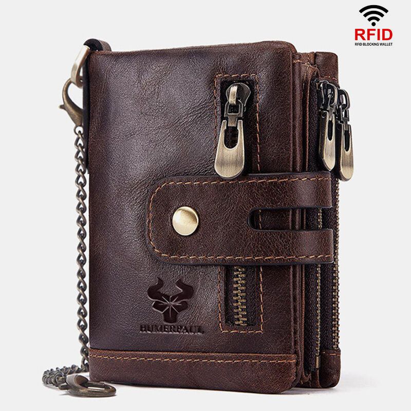 Cartera Con Cremallera Antirrobo Antiescaneo Rfid De Cuero Genuino Para Hombre Con Cadena