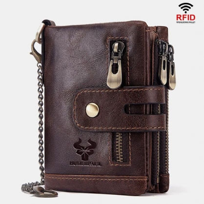 Cartera Con Cremallera Antirrobo Antiescaneo Rfid De Cuero Genuino Para Hombre Con Cadena