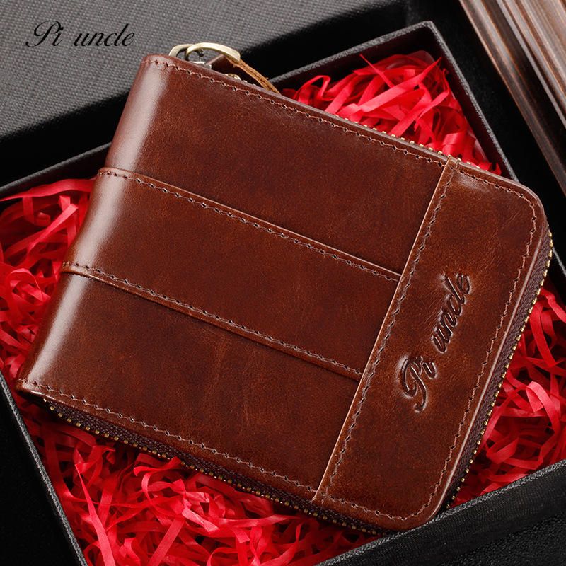 Cartera Con Cremallera Para Hombre De Cuero Genuino Mini Monedero De Cuero Retro