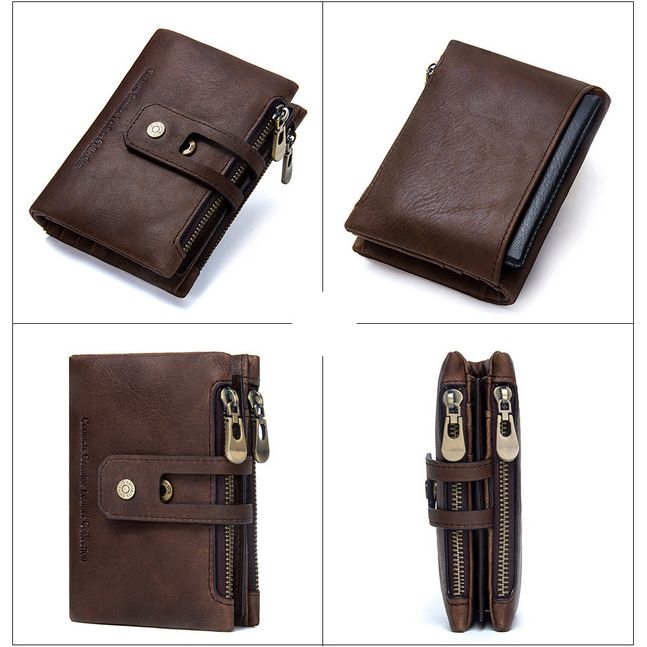 Cartera Con Doble Cremallera Vintage De Cuero Genuino Para Hombre Tarjetero Para Múltiples Tarjetas