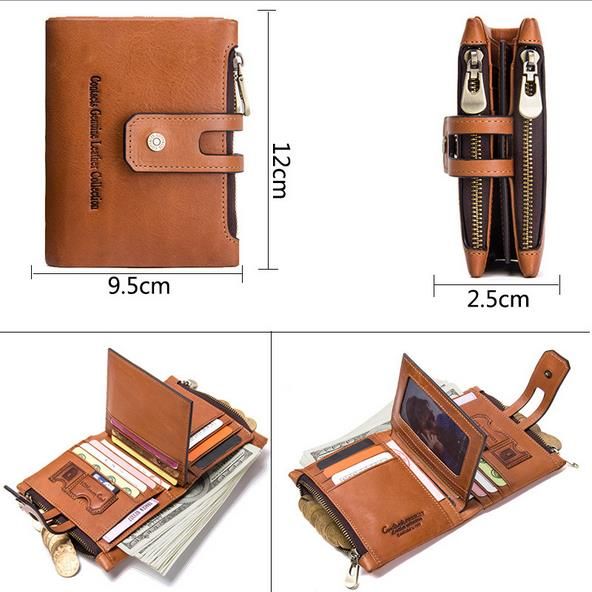 Cartera Con Doble Cremallera Vintage De Cuero Genuino Para Hombre Tarjetero Para Múltiples Tarjetas