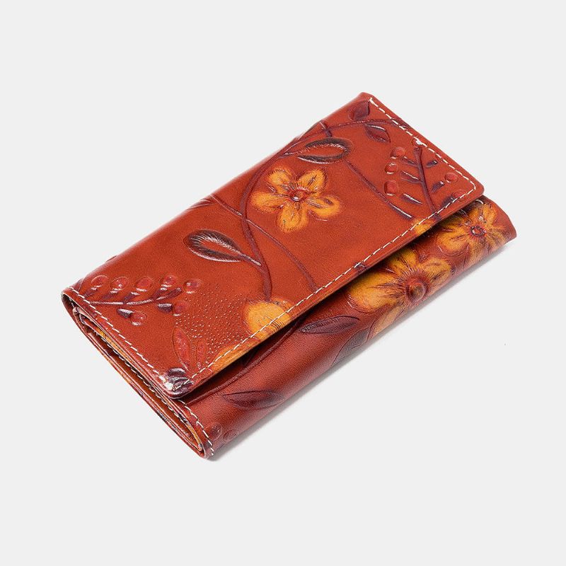 Cartera Con Solapa Para Llavero Floral De Cuero Genuino En Relieve Para Mujer