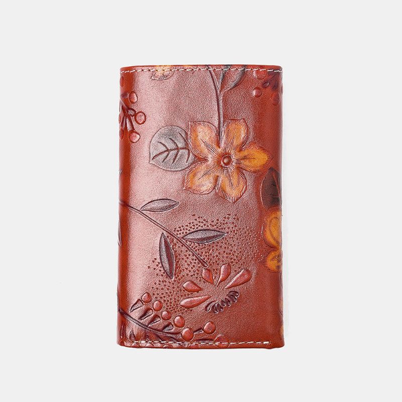 Cartera Con Solapa Para Llavero Floral De Cuero Genuino En Relieve Para Mujer