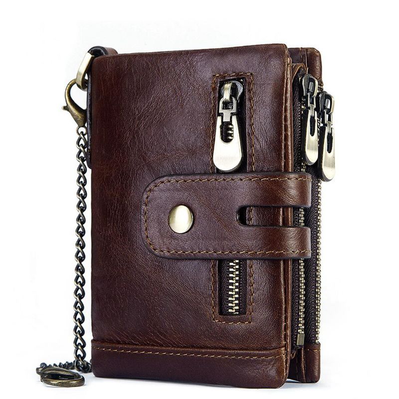 Cartera De Cuero Genuino Para Hombre Rfid Antirrobo Monedero Con Cremallera Corta Monedero Con Cadena De Motorista